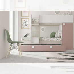 Dormitorio con litera y cama nido con armario integrado en blanco desgastado y rosa antiguo